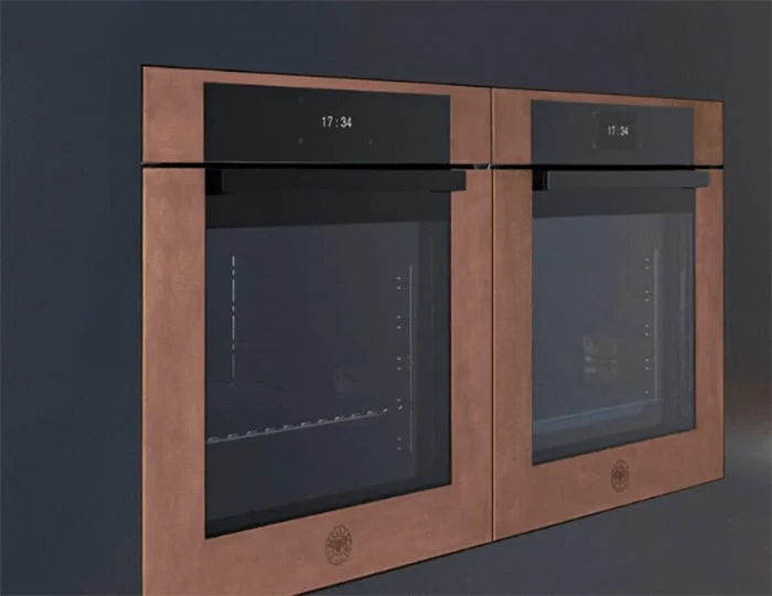 Cooking Category image for the website mega menu. includes a picture of 2 integrated black ovens with rose gold front.