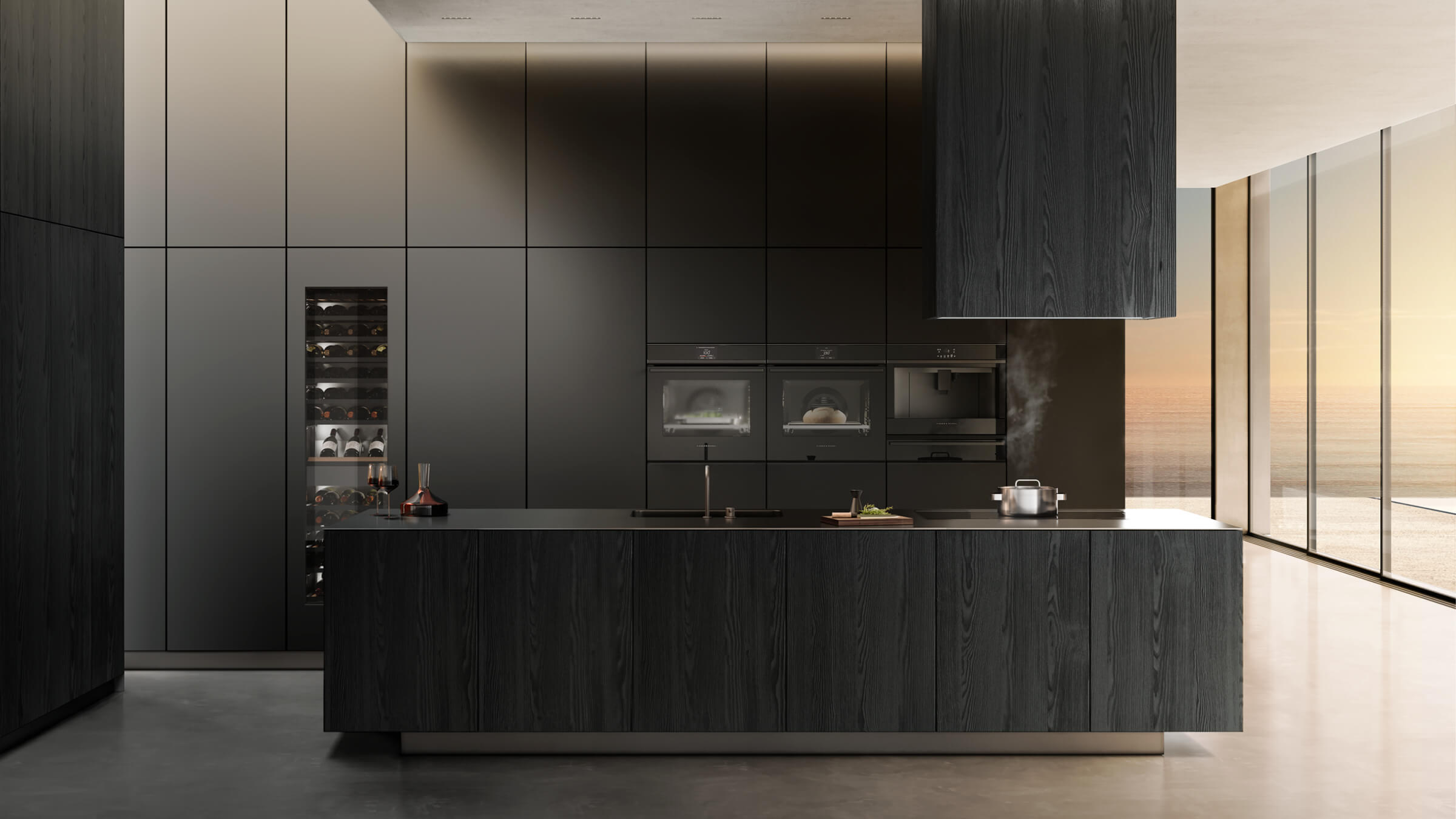 Fisher and Paykel Appliances. Image of a variety of fisher and paykel appliances in a kitchen lifestyle image.